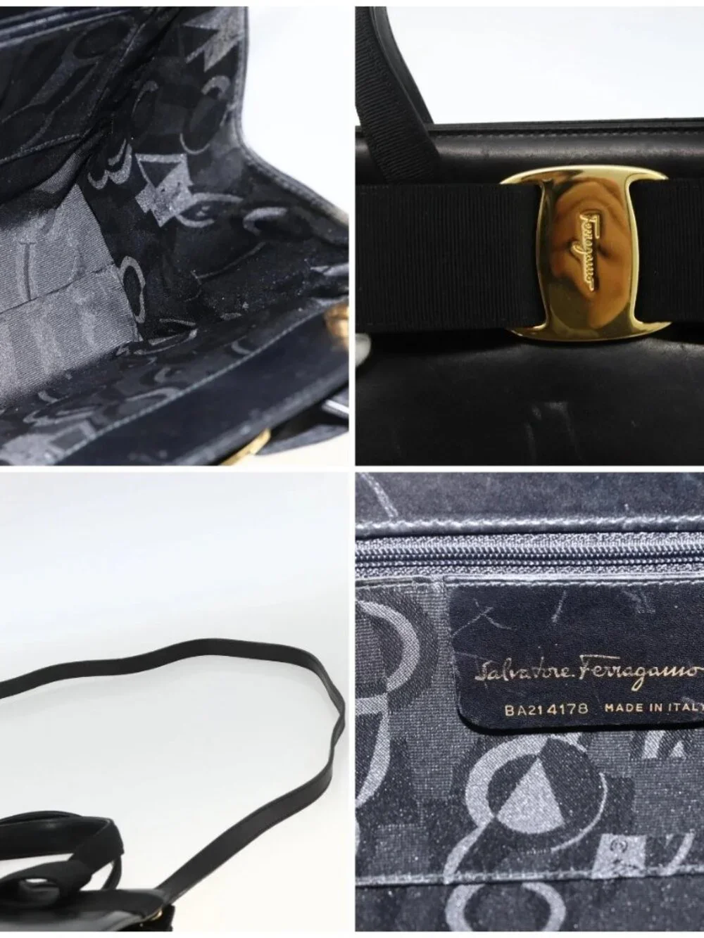 Salvatore Ferragamo Vala Ribbon Hand Bag Leather 2way Black Gold Auth ka3380